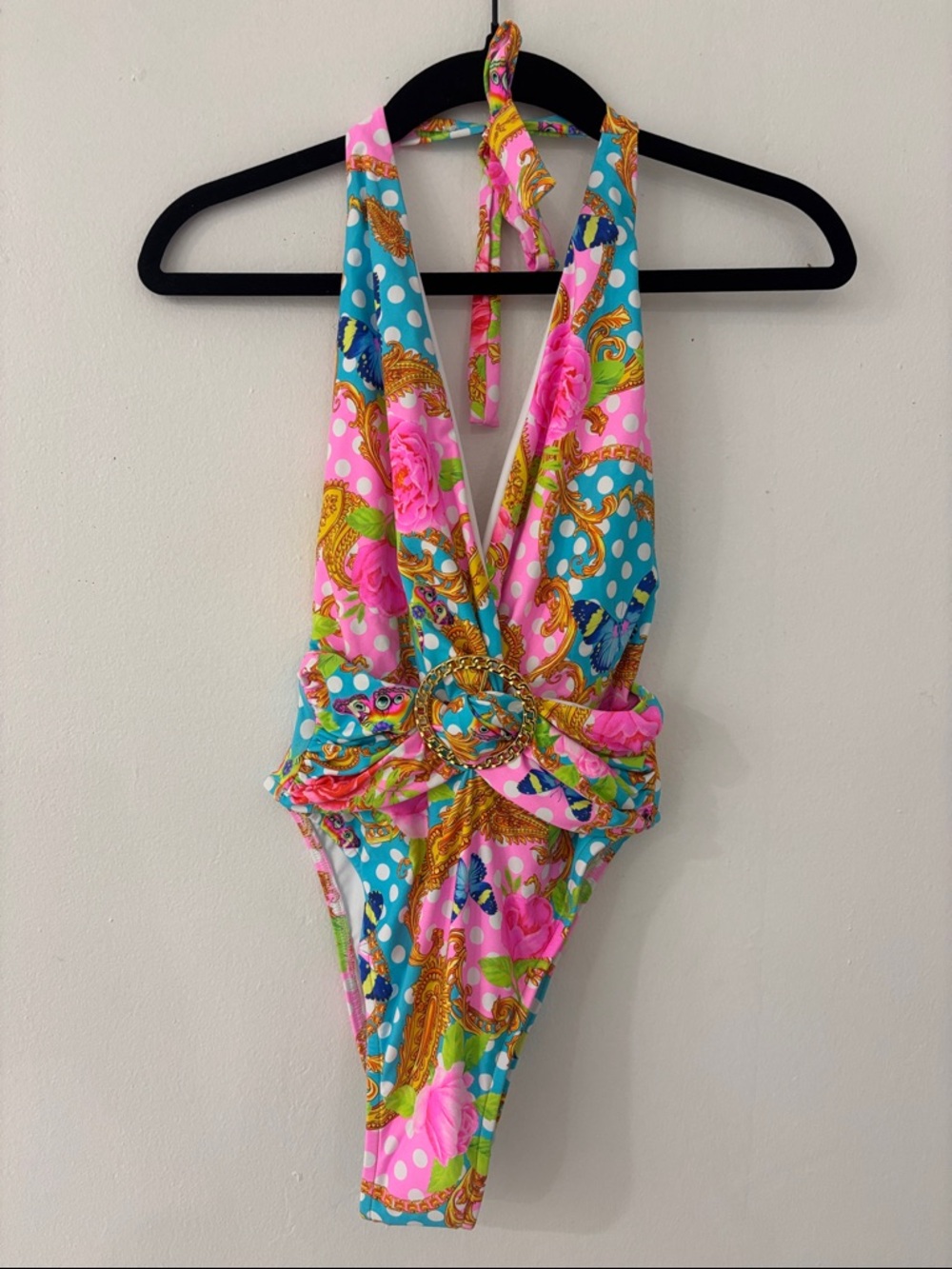 Luli fama Pink & Aqua Floral Halter One-Piece Swimsuit